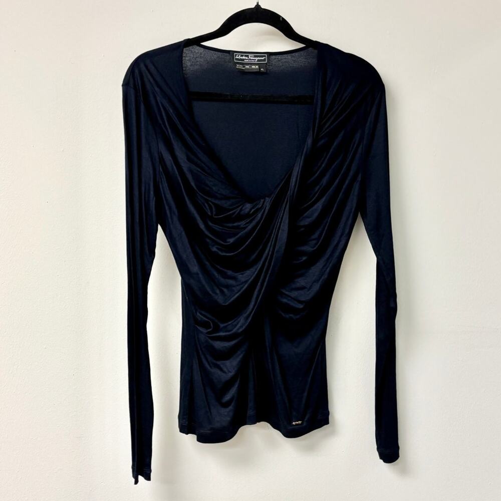 Salvatore Ferragamo Twist Front Cowl Neck Long Sleeve Blouse Black Women's XL